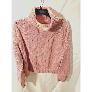 Dusty Pink sweater chunky cable knit cropped turtleneck cozy casual size SMALL